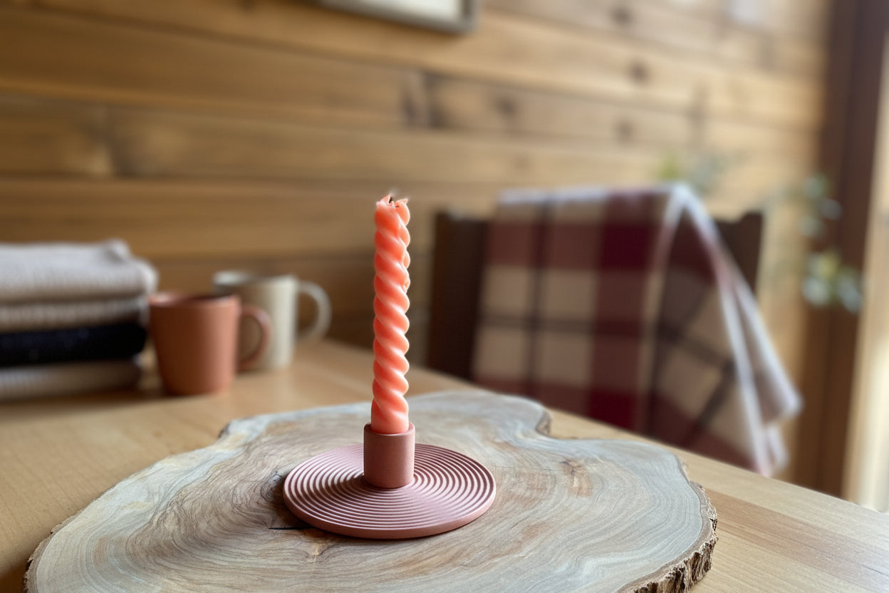 Pink spiral candle on a wooden stand with a blurred background