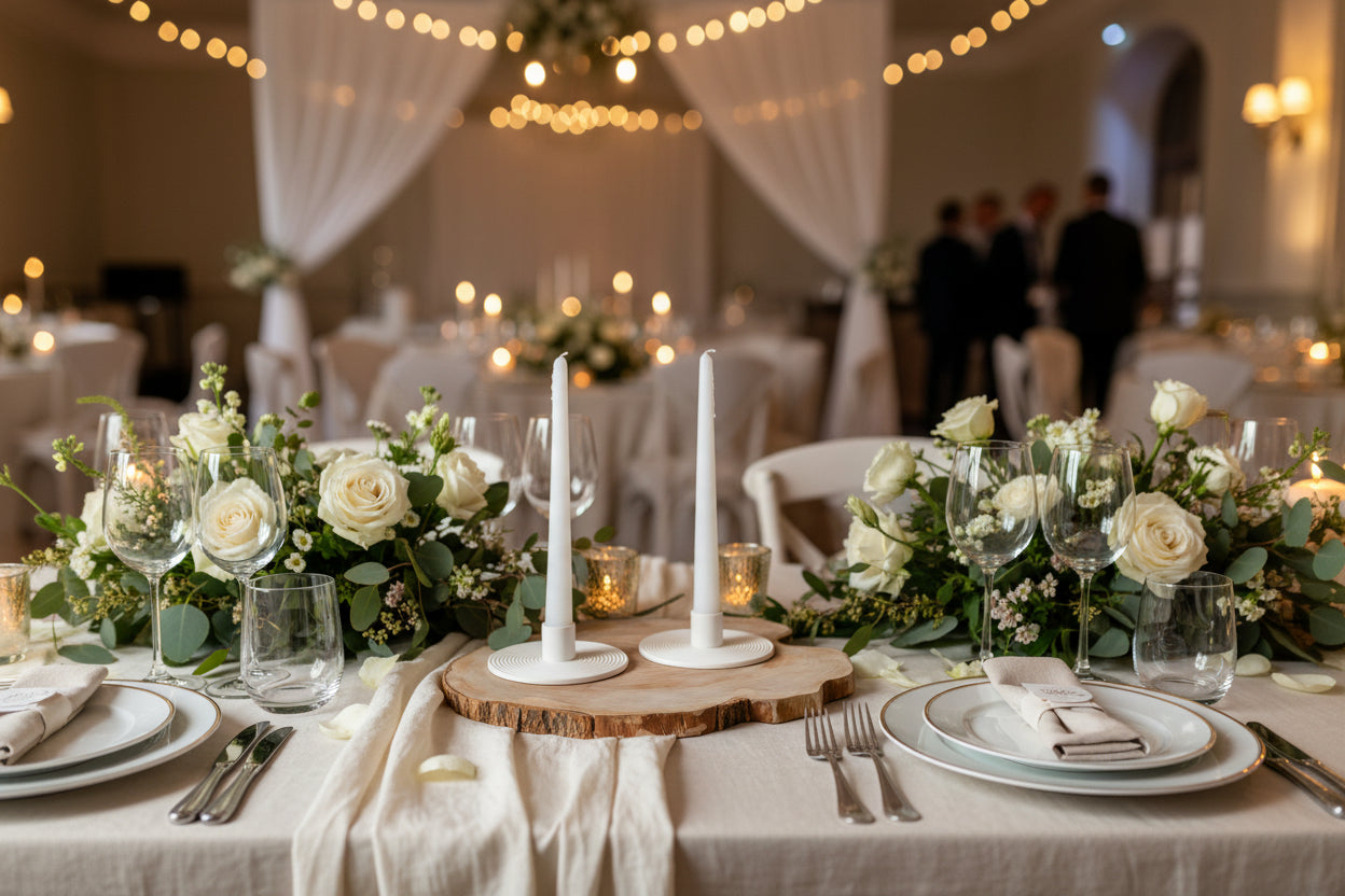 Two white candles on a wooden stand on a wedding table setting.