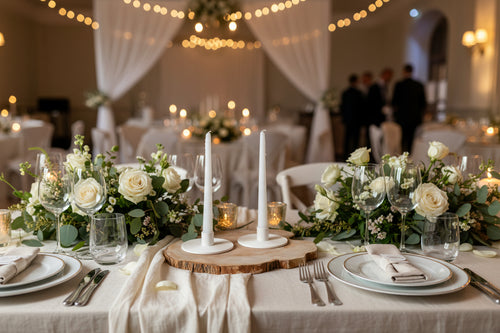 Two white candles on a wooden stand on a wedding table setting.